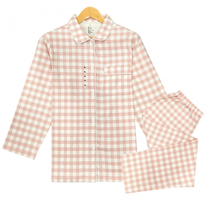 91家纺网 家纺一手货源 找家纺 皇寝世家 2023新款纯棉法兰绒家居服套装 809女-粉白格