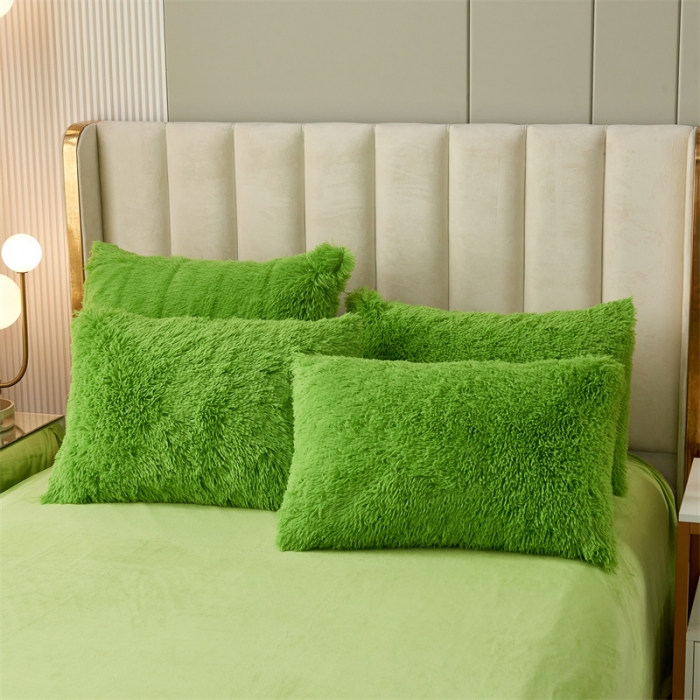 91家纺网 家纺一手货源 找家纺 品尚嘉家纺2025新款纯色水貂绒四件套长毛绒保暖套件 苹果绿