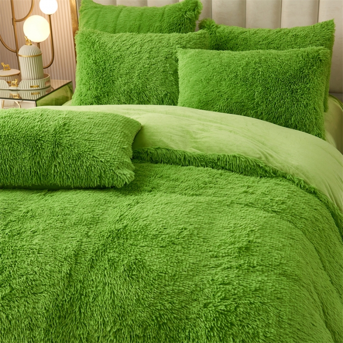 91家纺网 家纺一手货源 找家纺 品尚嘉家纺2025新款纯色水貂绒四件套长毛绒保暖套件 苹果绿