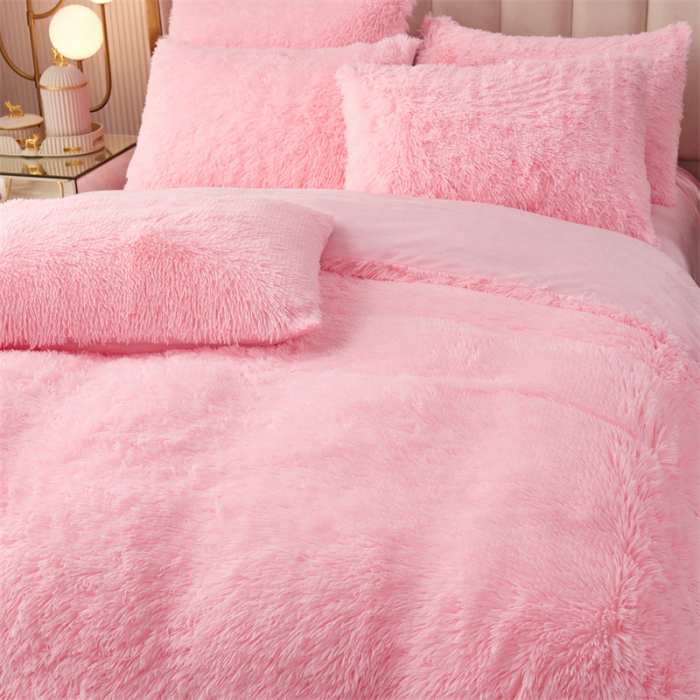 91家纺网 家纺一手货源 找家纺 品尚嘉家纺2025新款纯色水貂绒四件套长毛绒保暖套件 浅粉