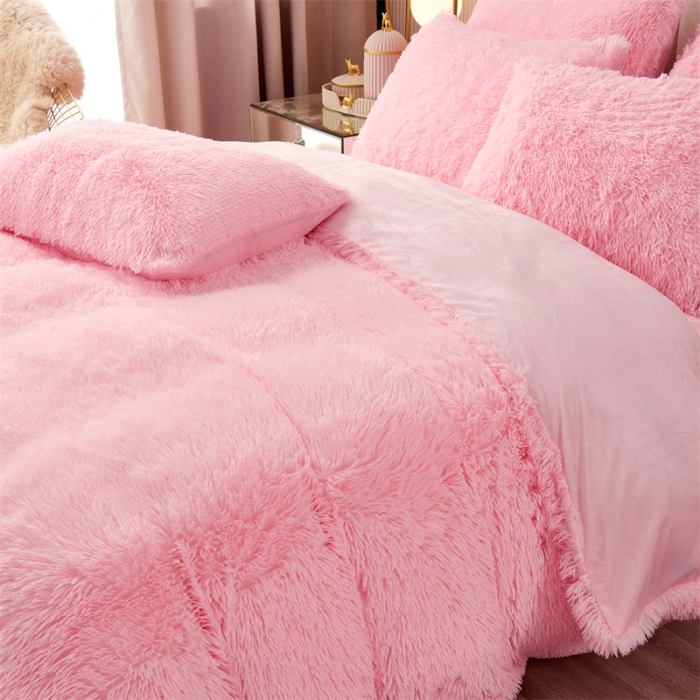 91家纺网 家纺一手货源 找家纺 品尚嘉家纺2025新款纯色水貂绒四件套长毛绒保暖套件 浅粉