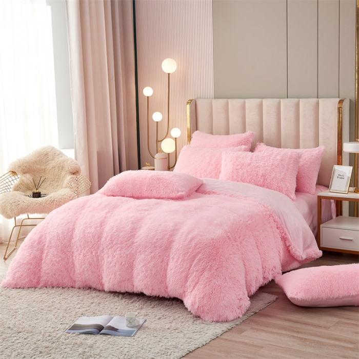 91家纺网 家纺一手货源 找家纺 品尚嘉家纺2025新款纯色水貂绒四件套长毛绒保暖套件 浅粉