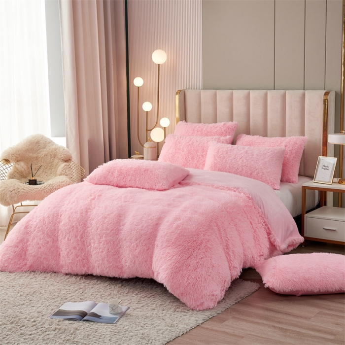 91家纺网 家纺一手货源 找家纺 品尚嘉家纺2025新款纯色水貂绒四件套长毛绒保暖套件 浅粉