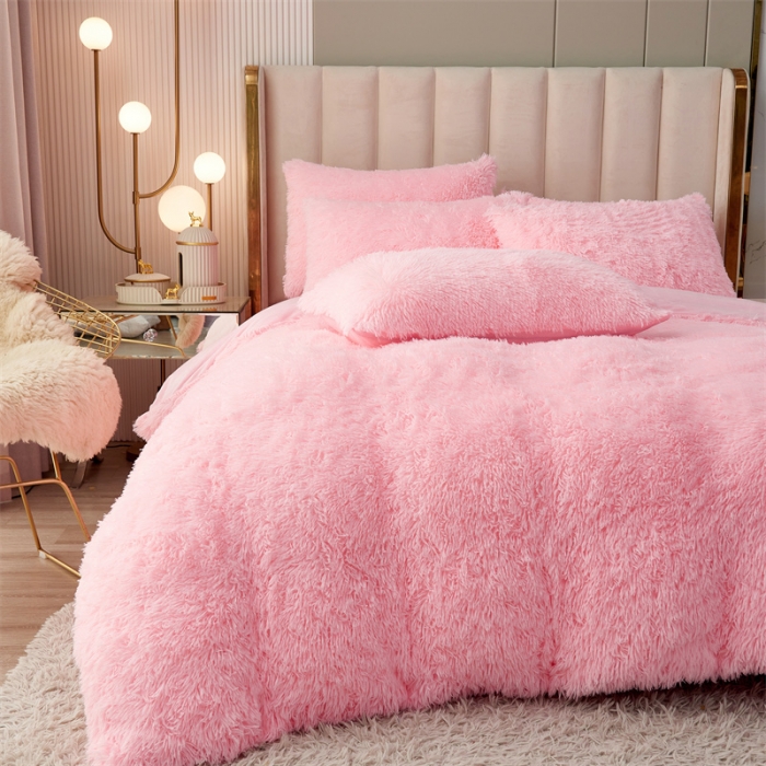 91家纺网 家纺一手货源 找家纺 品尚嘉家纺2025新款纯色水貂绒四件套长毛绒保暖套件 浅粉