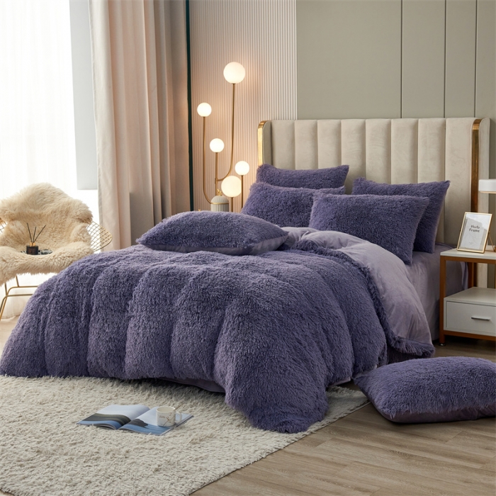 91家纺网 家纺一手货源 找家纺 品尚嘉家纺2025新款纯色水貂绒四件套长毛绒保暖套件 烟灰紫