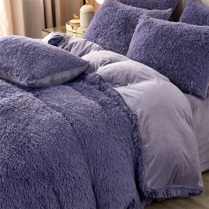 91家纺网 家纺一手货源 找家纺 品尚嘉家纺2025新款纯色水貂绒四件套长毛绒保暖套件 烟灰紫