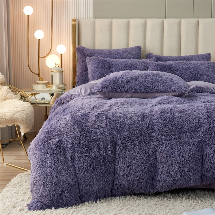 91家纺网 家纺一手货源 找家纺 品尚嘉家纺2025新款纯色水貂绒四件套长毛绒保暖套件 烟灰紫