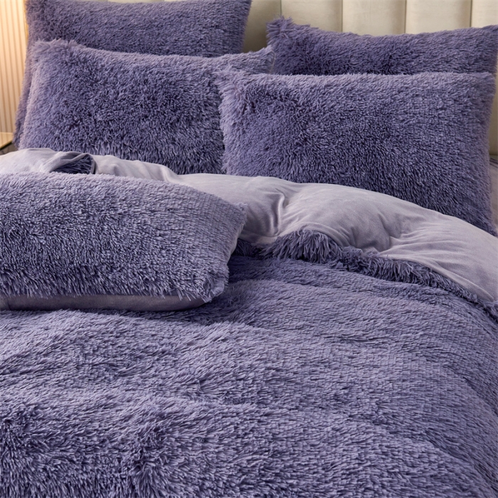 91家纺网 家纺一手货源 找家纺 品尚嘉家纺2025新款纯色水貂绒四件套长毛绒保暖套件 烟灰紫