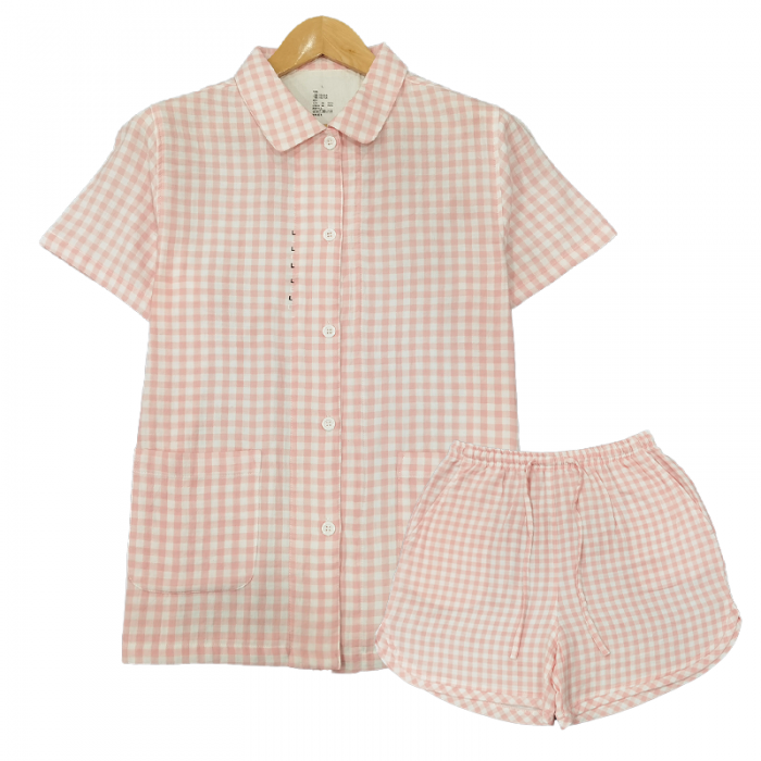 91家纺网 家纺一手货源 找家纺 皇寝世家 2023新款纯棉双层纱短袖短裤家居服套装 807女-糖果粉