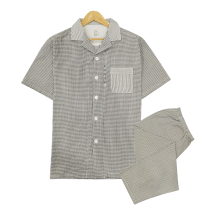 皇寝世家 2023新款纯棉双层纱短袖长裤家居服套装 804男-灰细格