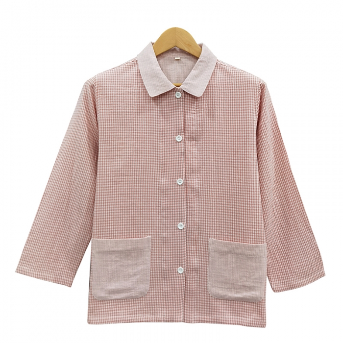 91家纺网 家纺一手货源 找家纺 皇寝世家 2023新款纯棉双层纱长袖长裤家居服套装 803女-粉细格