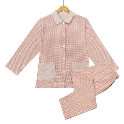 皇寝世家 2023新款纯棉双层纱长袖长裤家居服套装 803女-粉细格