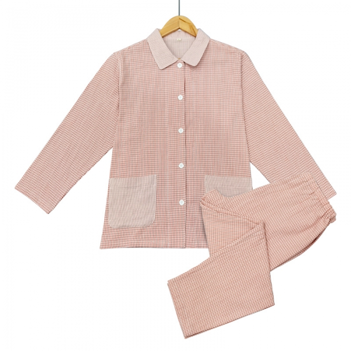 91家纺网 家纺一手货源 找家纺 皇寝世家 2023新款纯棉双层纱长袖长裤家居服套装 803女-粉细格