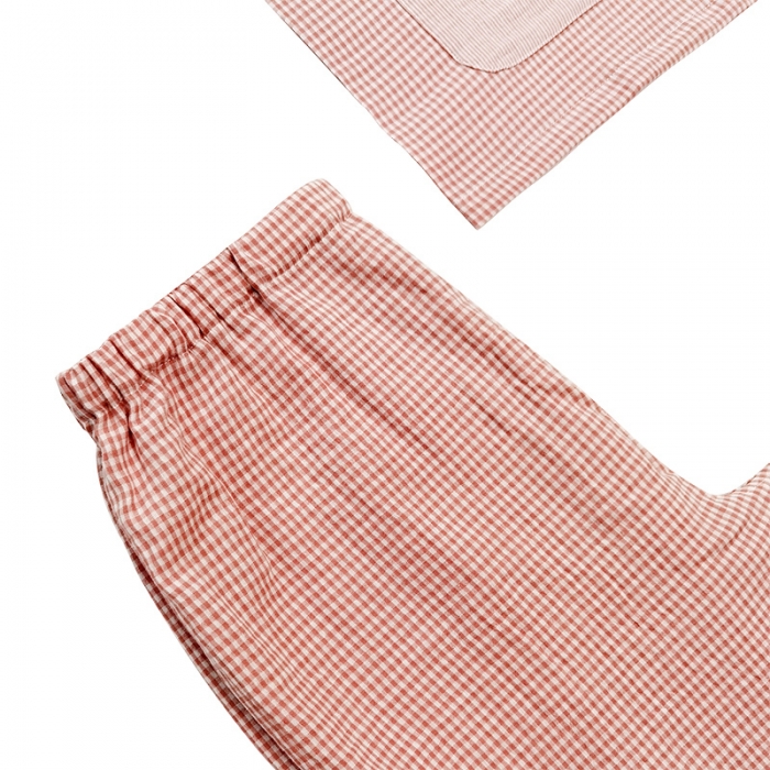 91家纺网 家纺一手货源 找家纺 皇寝世家 2023新款纯棉双层纱长袖长裤家居服套装 803女-粉细格