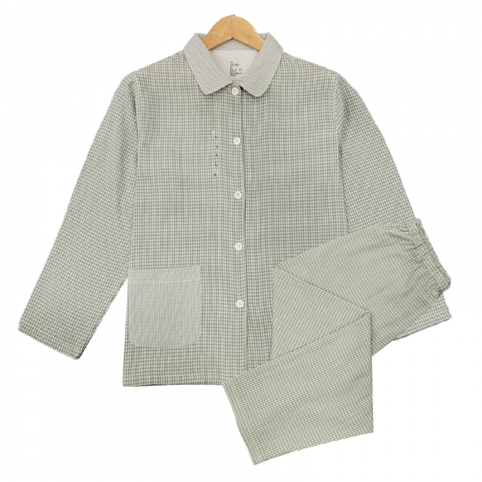 91家纺网 家纺一手货源 找家纺 皇寝世家 2023新款纯棉双层纱长袖长裤家居服套装 803女-绿细格