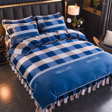 91家纺网 家纺一手货源 找家纺 2025新款230克8.5斤加厚高克重牛奶绒金貂绒法莱绒四件套冬季加绒法兰绒床裙款灰兰格