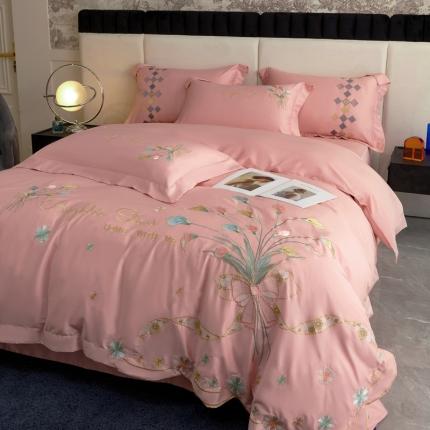 91家纺网 家纺一手货源 找家纺 宅家居 马蹄莲系列-轻奢弯边刺绣小香风纯棉长绒棉 初恋粉