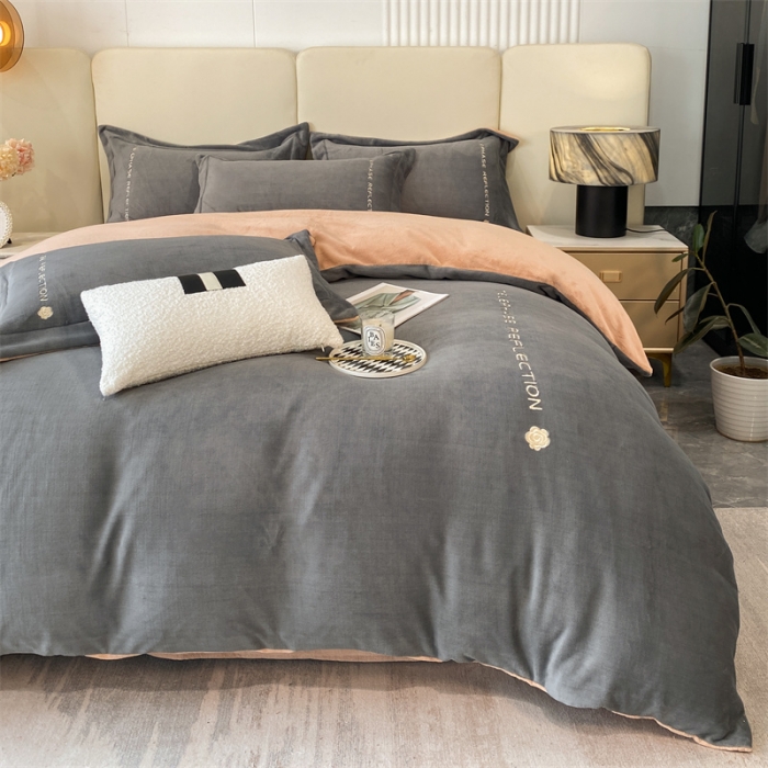 91家纺网 家纺一手货源 找家纺 蓝巢 2022新款高克重牛奶绒唯美系列四件套 唯美-中灰