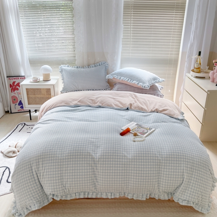 91家纺网 家纺一手货源 找家纺 时年家纺 2022新款240g亲肤牛奶绒小美好花边款四件套 小美好-奶油蓝