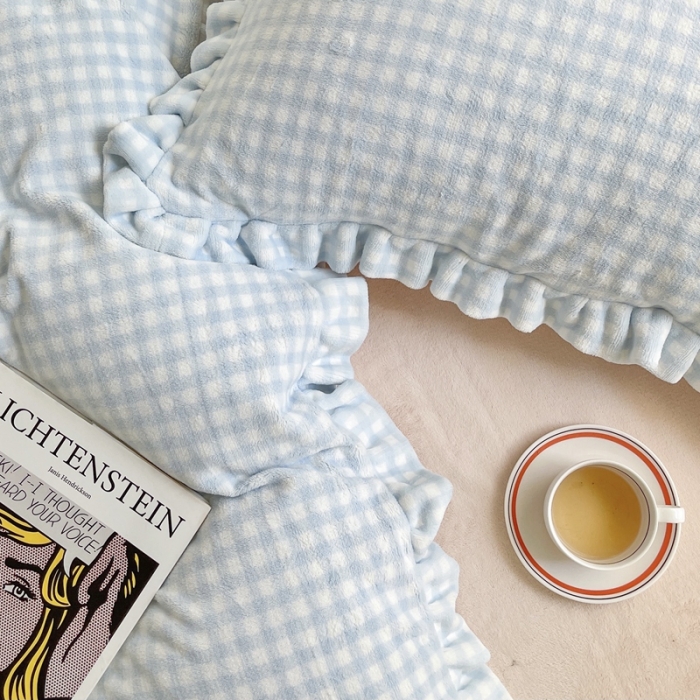 91家纺网 家纺一手货源 找家纺 时年家纺 2022新款240g亲肤牛奶绒小美好花边款四件套 小美好-奶油蓝