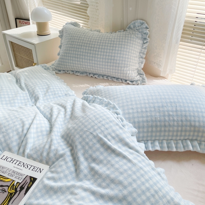 91家纺网 家纺一手货源 找家纺 时年家纺 2022新款240g亲肤牛奶绒小美好花边款四件套 小美好-奶油蓝