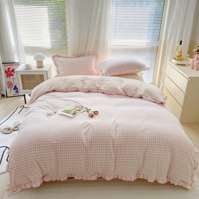 91家纺网 家纺一手货源 找家纺 时年家纺 2022新款240g亲肤牛奶绒小美好花边款四件套 小美好-少女粉