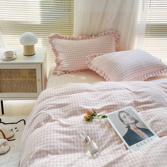 91家纺网 家纺一手货源 找家纺 时年家纺 2022新款240g亲肤牛奶绒小美好花边款四件套 小美好-少女粉