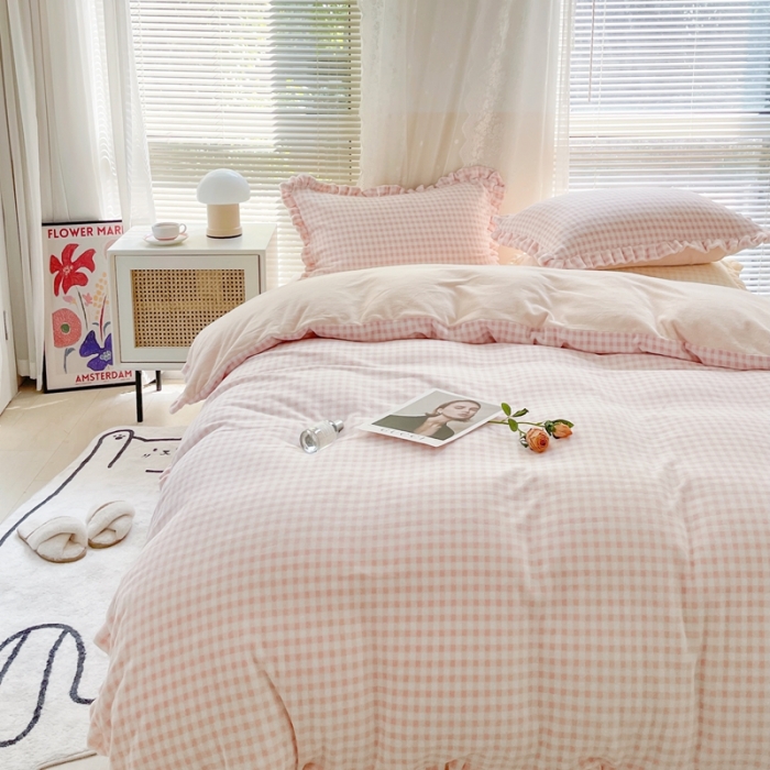 91家纺网 家纺一手货源 找家纺 时年家纺 2022新款240g亲肤牛奶绒小美好花边款四件套 小美好-少女粉