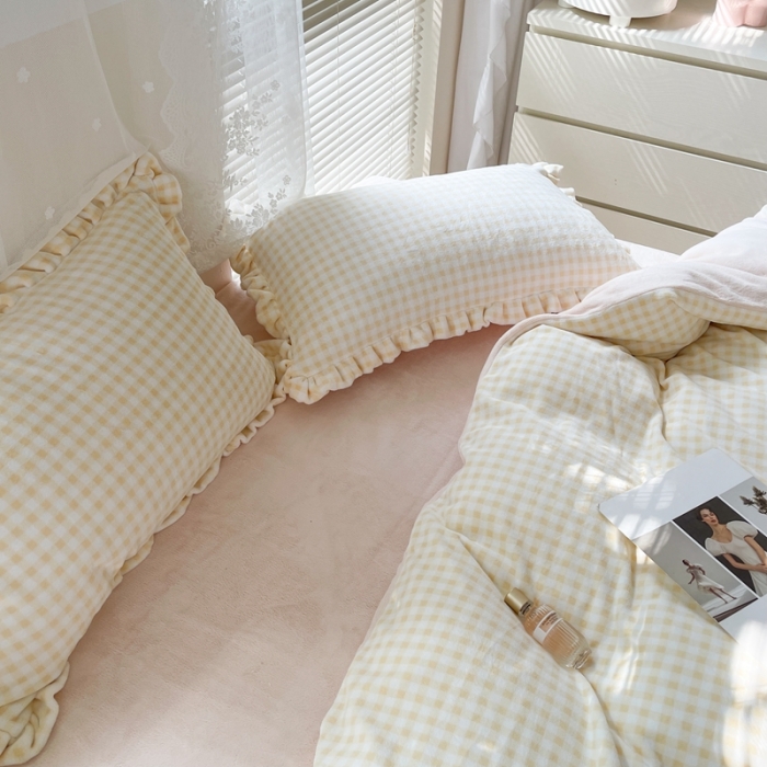 91家纺网 家纺一手货源 找家纺 时年家纺 2022新款240g亲肤牛奶绒小美好花边款四件套 小美好-芝士黄