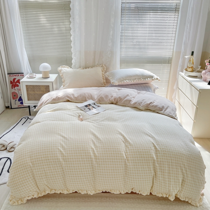 91家纺网 家纺一手货源 找家纺 时年家纺 2022新款240g亲肤牛奶绒小美好花边款四件套 小美好-芝士黄