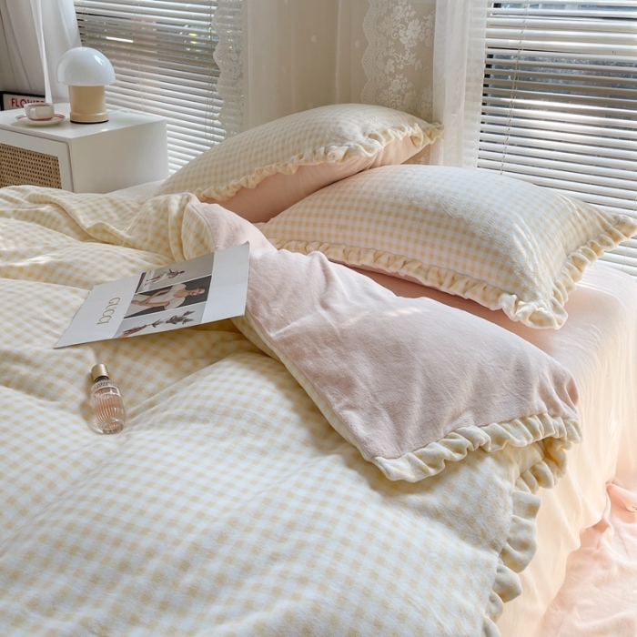 91家纺网 家纺一手货源 找家纺 时年家纺 2022新款240g亲肤牛奶绒小美好花边款四件套 小美好-芝士黄