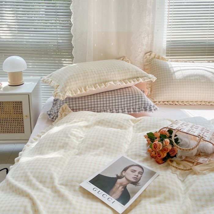 91家纺网 家纺一手货源 找家纺 时年家纺 2022新款240g亲肤牛奶绒小美好花边款四件套 小美好-芝士黄