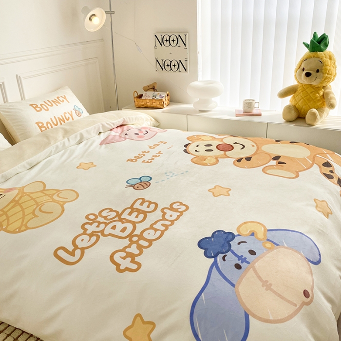 91家纺网 家纺一手货源 找家纺 圆岛家纺2022新款迪士尼大版牛奶绒宝宝绒四件套跳跳虎&amp;噗噗