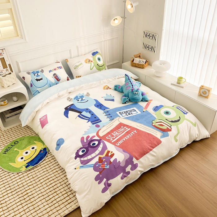 91家纺网 家纺一手货源 找家纺 圆岛家纺 2022新款迪士尼大版牛奶绒宝宝绒四件套 怪兽大学