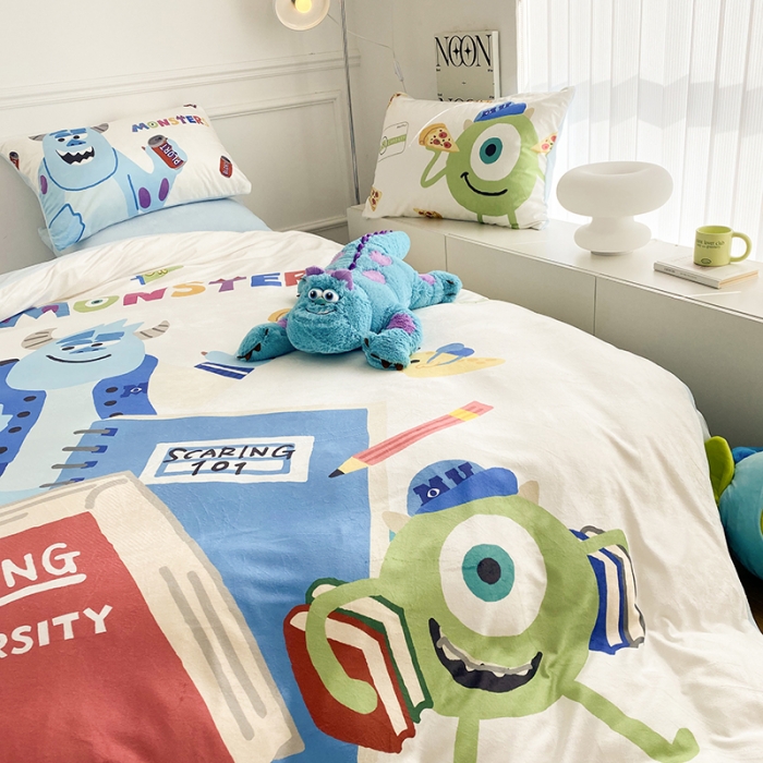 91家纺网 家纺一手货源 找家纺 圆岛家纺 2022新款迪士尼大版牛奶绒宝宝绒四件套 怪兽大学