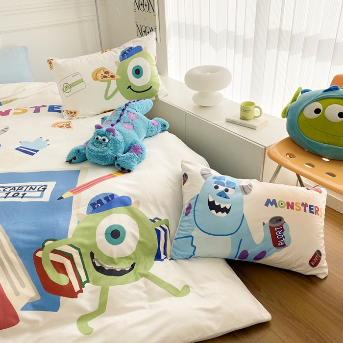 91家纺网 家纺一手货源 找家纺 圆岛家纺 2022新款迪士尼大版牛奶绒宝宝绒四件套 怪兽大学