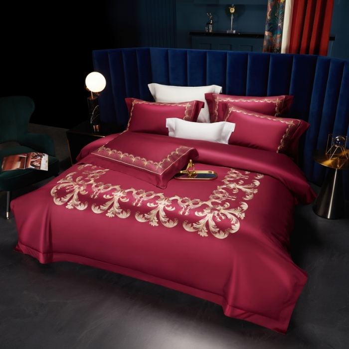 91家纺网 家纺一手货源 找家纺 缔缦 2022新款100s刺绣四件套米兰印象 酒红