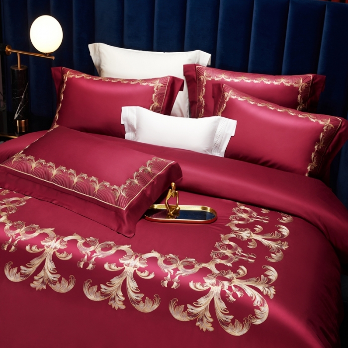 91家纺网 家纺一手货源 找家纺 缔缦 2022新款100s刺绣四件套米兰印象 酒红
