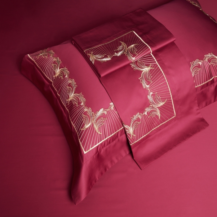 91家纺网 家纺一手货源 找家纺 缔缦 2022新款100s刺绣四件套米兰印象 酒红