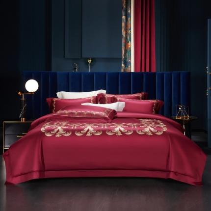 缔缦 2022新款100s刺绣四件套米兰印象 酒红