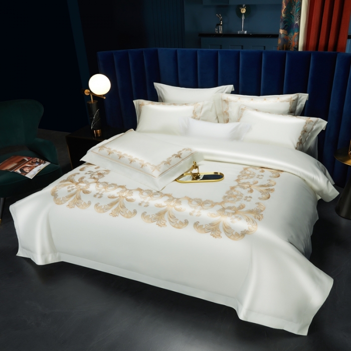 91家纺网 家纺一手货源 找家纺 缔缦 2022新款100s刺绣四件套米兰印象 米白