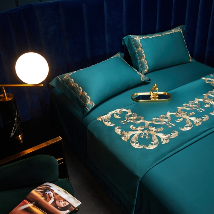 91家纺网 家纺一手货源 找家纺 缔缦 2022新款100s刺绣四件套米兰印象 墨绿