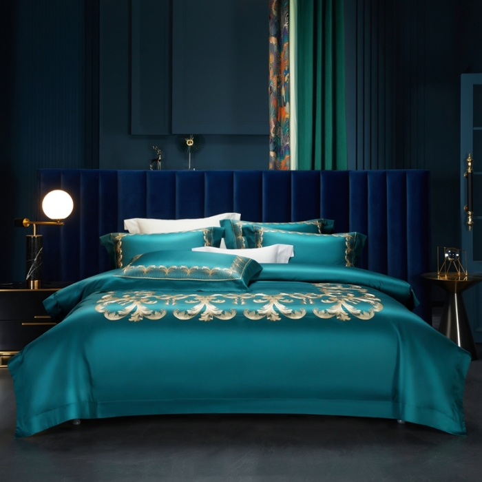 91家纺网 家纺一手货源 找家纺 缔缦 2022新款100s刺绣四件套米兰印象 墨绿