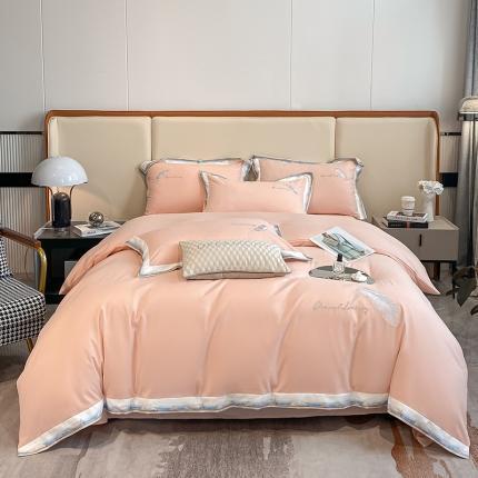 91家纺网 家纺一手货源 找家纺 花愿2023新款加密水洗棉刺绣四件套 樱花粉