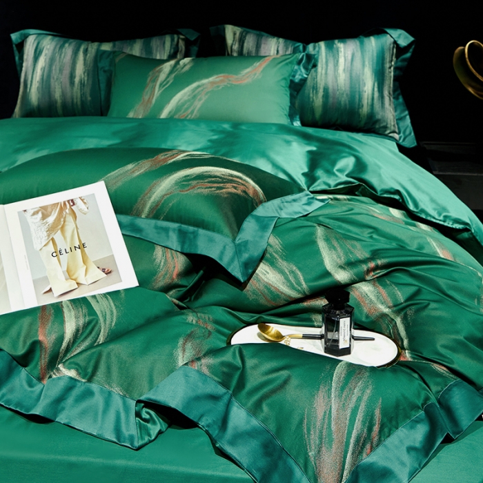 91家纺网 家纺一手货源 找家纺 奢华140支臻丝色织提花高定阿克苏长绒棉四件套奥维斯-墨绿