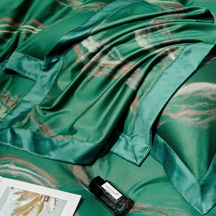 91家纺网 家纺一手货源 找家纺 奢华140支臻丝色织提花高定阿克苏长绒棉四件套奥维斯-墨绿