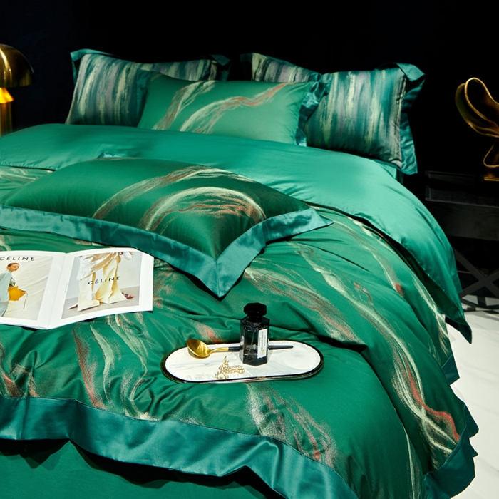 91家纺网 家纺一手货源 找家纺 奢华140支臻丝色织提花高定阿克苏长绒棉四件套奥维斯-墨绿