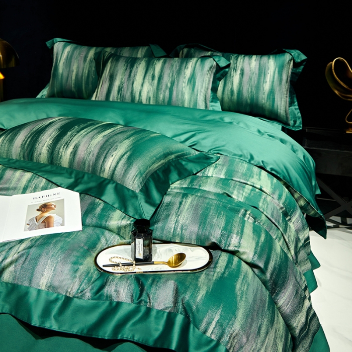 91家纺网 家纺一手货源 找家纺 宅家居140支色织提花高定长绒棉四件套-奢华系列 极光-墨绿