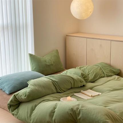 91家纺网 家纺一手货源 找家纺 时光里2022新款纯色混搭18色系列四件套 豆绿配咖兰绿