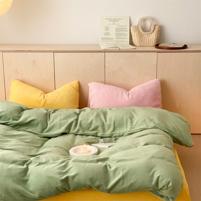 91家纺网 家纺一手货源 找家纺 时光里2022新款纯色混搭18色系列四件套 豆绿配黄粉黄